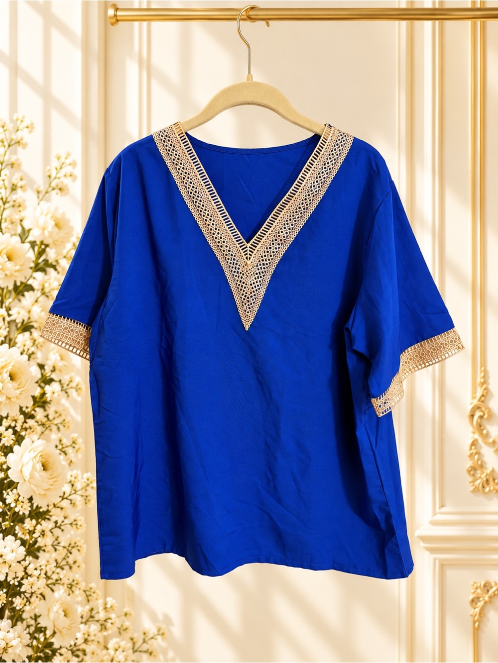 La Mode Royal Blue Gold Lace Trim V-Neck Blouse XL NWT